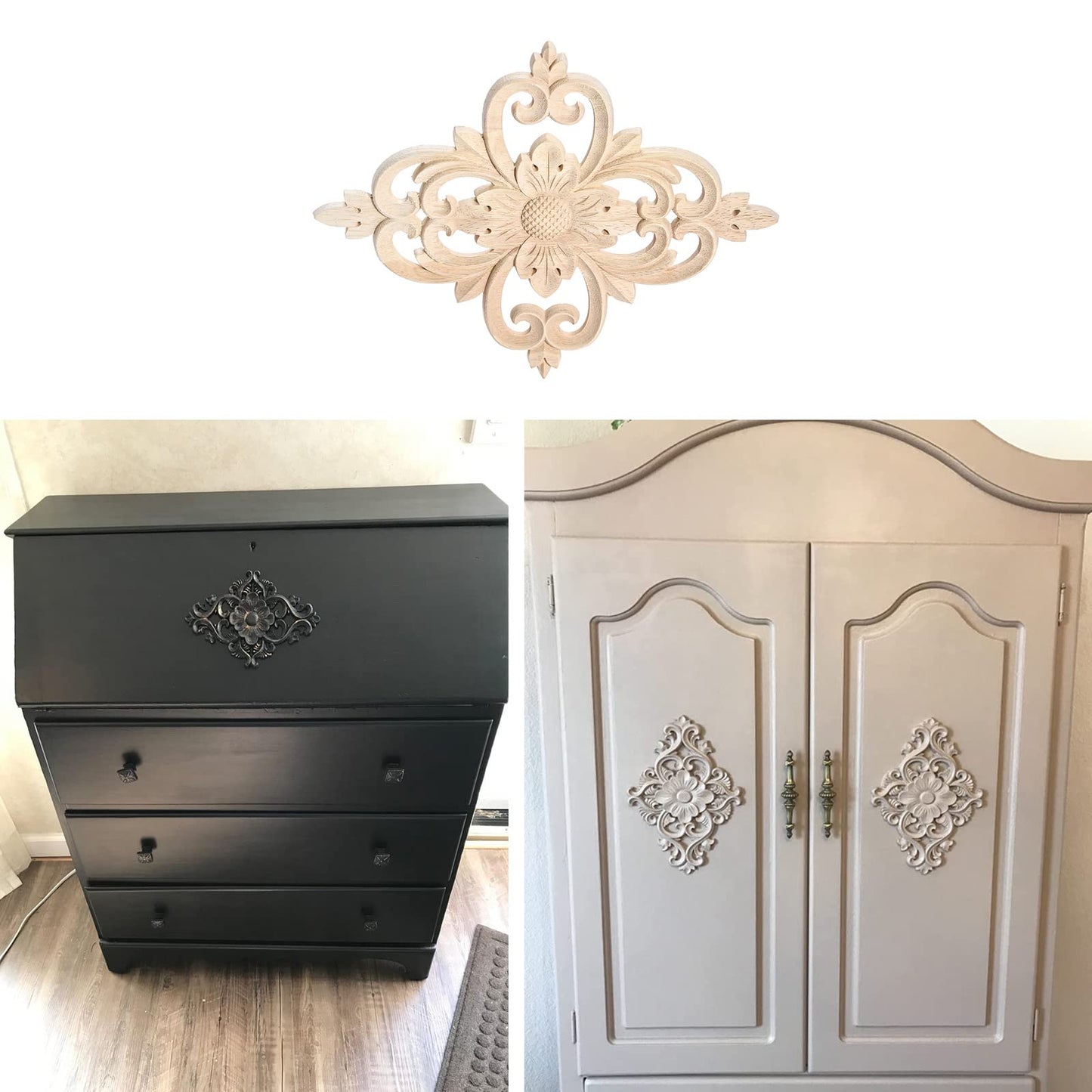 MUXSAM Rhomb Wood Carved Appliques Furniture Onlays, Unpainted Wooden Rosette Decals Center Decor for Door Wall Closet Cabinet Dresser Drawer Crafts Project(1-Pack, 25x20cm/9.9"x7.9")