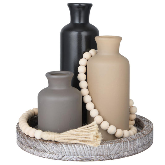 Tiangrid 5 Pcs Rustic Country Tabletop Centerpieces Decor Set of 3 Boho Ceramic Vases with Wooden Serving Tray Wood Bead Garland Tassels Table Holder for Home Decorations (Dark Color)