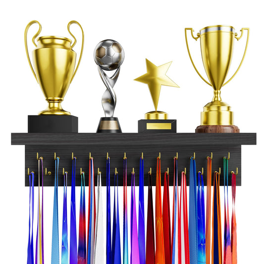DSVENROLY Medal Holder Display Trophy Shelf Organizer, Sturdy Wooden Race Award Hanger Rack with 25 Steel Hooks, Wall Mount Storage Stand for Sports Fans, Cheer Success, Retro Grey