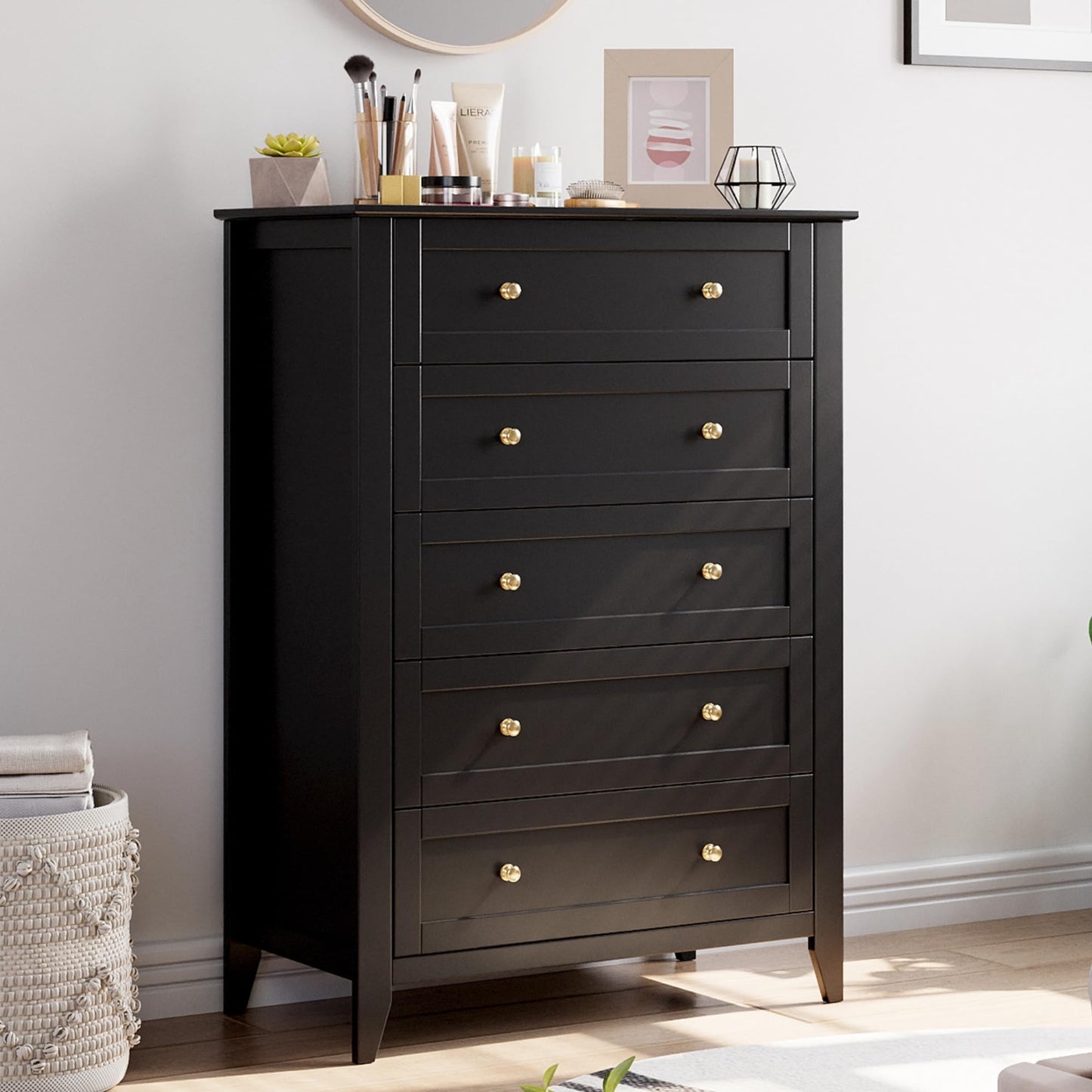 IDEALHOUSE 5 Chest of Drawer Dresser, Modern Wood Organizer Dresser Storage Cabinet with Drawers for Bedroom, Living Room, Entryway, Black