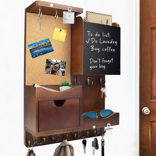 HEKOOLA Key Holder Wall Mount， Mail Organizer Key Holder for Wall with Shelf, Drawer, Chalkboard, Corkboard, Home Decor Wall Mounted for Room Entryway(Vintage Brown)