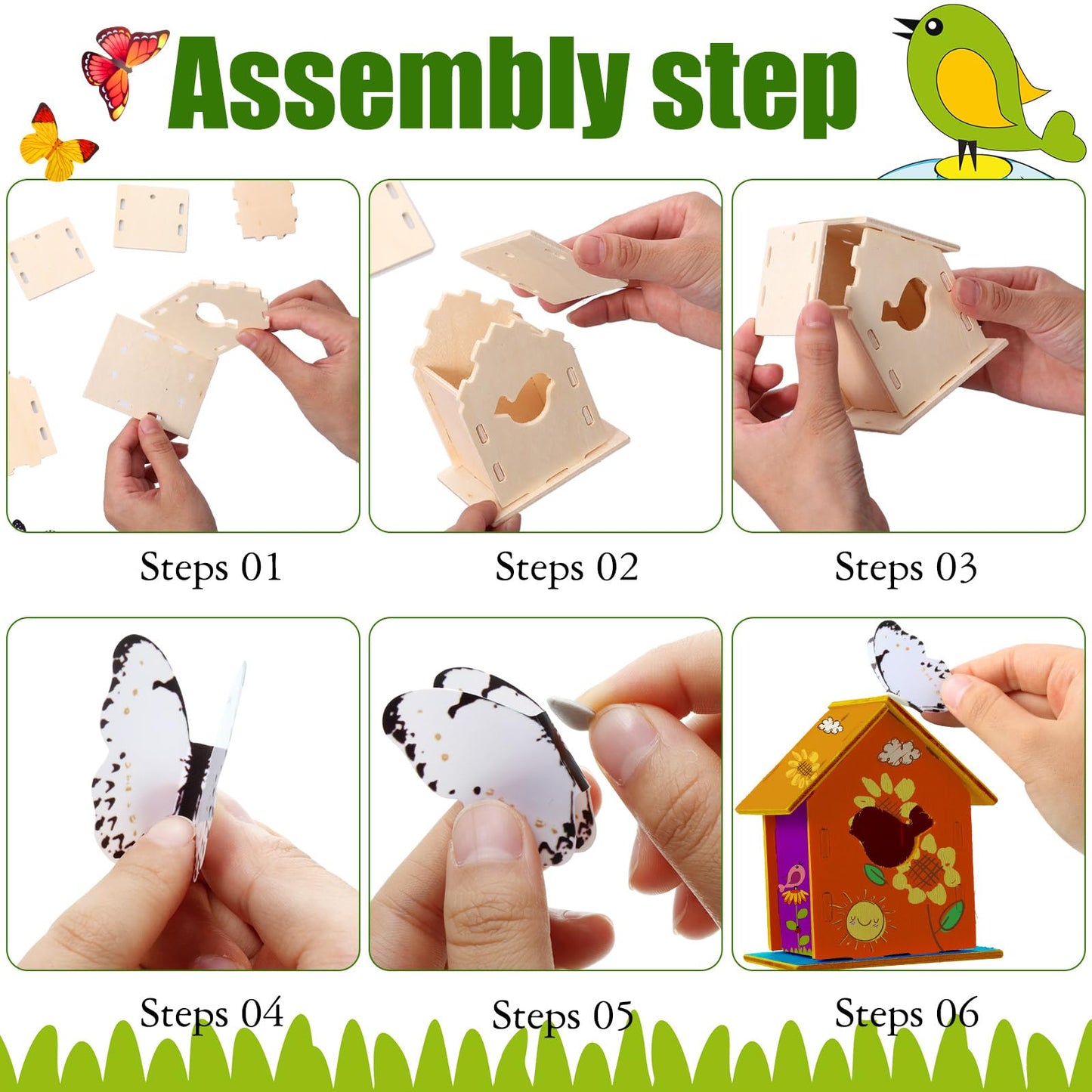 Sawysine 93 Pcs DIY Birdhouse Kits for Kids to Build, 36 Wooden Bird House 6 Shapes and 57 Butterfly Sticker for Children Summer Craft Activity Art Project DIY(Multiple Entrance)
