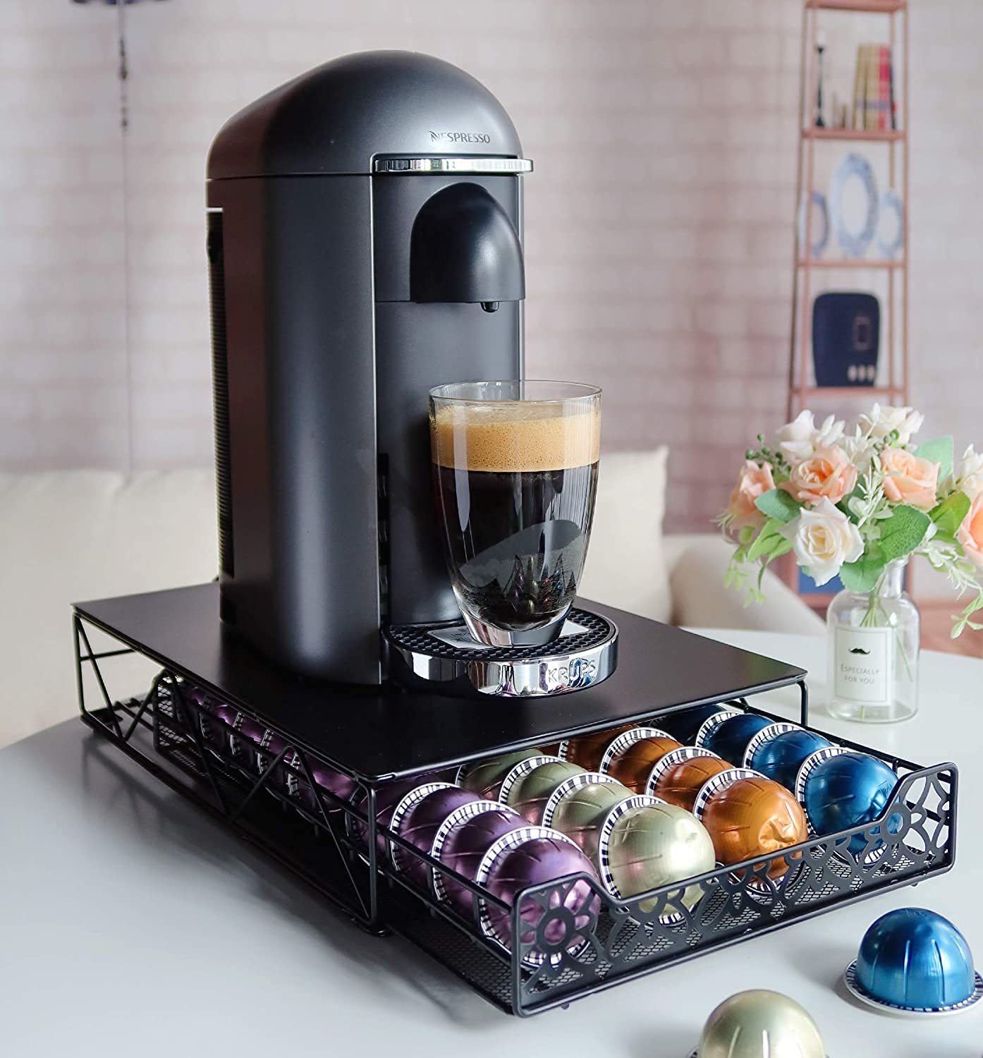 RECAPS Coffee Pod Holder Pod Drawer Storage Pods Holder Coffee Capsules Kitchen Organizer Compatible with Vertuoline Vertuo Stores 40 Capsules Black Color