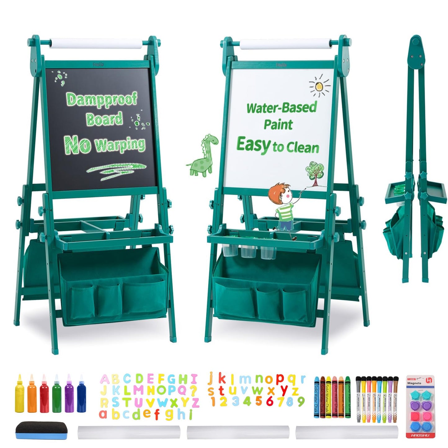 FUNLIO Foldable Anti-Warping Kids Art Easel, 3 Height Adjustable Toddler Easel, All-in-One for Kids Aged 3-8 with Paper Roll, Standing Easel with Magnetic Chalkboard/Whiteboard - Viridian Foldable