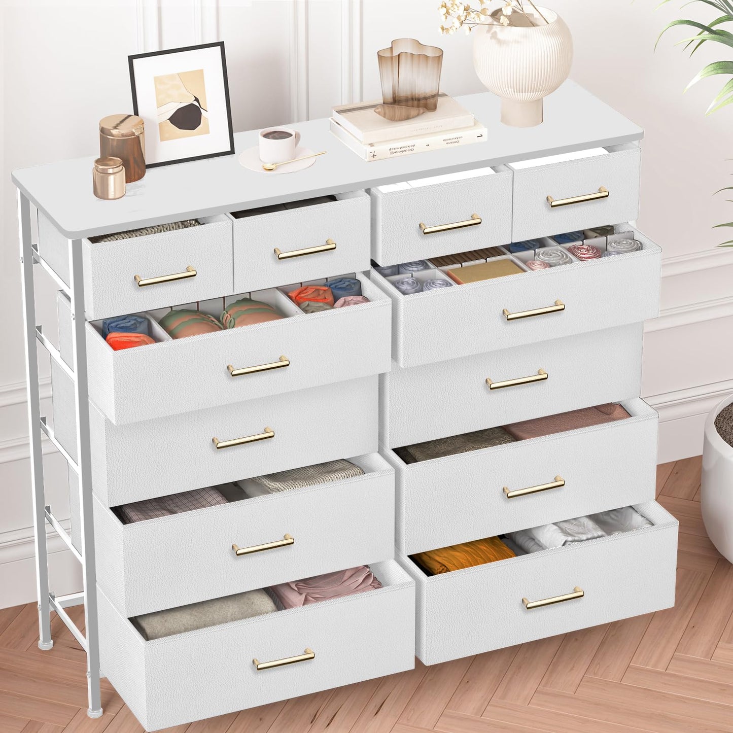 VASICAR Chest of Drawers for Bedroom with 12 Deep Drawers Tall Fabric Dresser, Storage Cabinet for Closet, Nursery, Bedside, Living Room, Entryway, Hallway (White)
