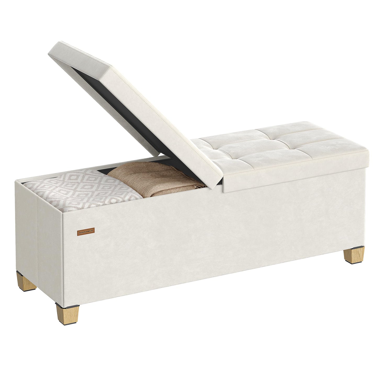 SONGMICS Storage Ottoman Bench with Legs, Folding Ottoman Foot Rest with Flipping Lid, Bench with Storage, for Living Room, Bedroom, Entryway, Velvet, 43.3 Inches, Cappuccino Beige ULSF083LH01
