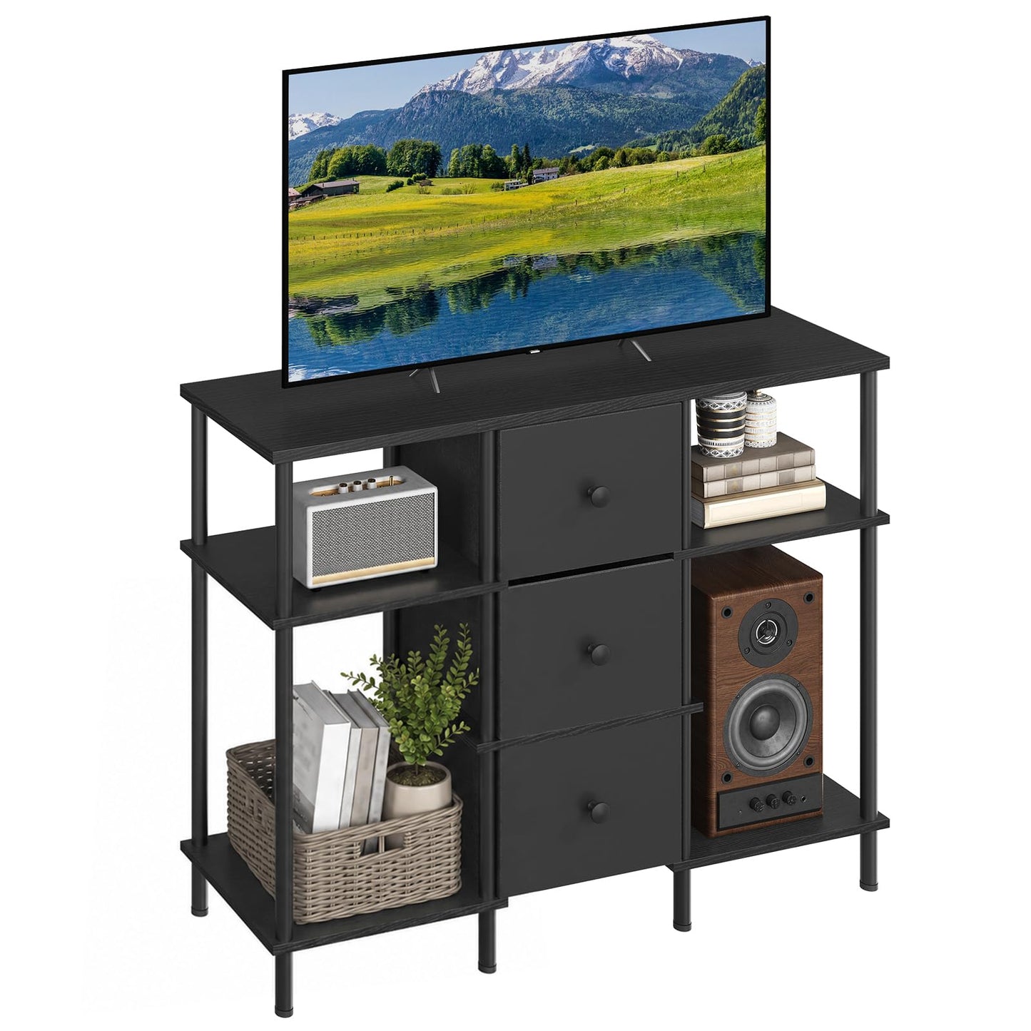 YATINEY TV Stand with 3 Fabric Drawers, Tall TV Stand, 3-Tier Media Console Table with Wooden Shelves, Entertainment Center, for Bedroom, Living Room, Home Office, Black DS15BB