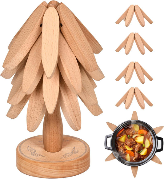 OKOM Wooden Trivets for Hot Dishes - 4+1 PCS Tree Shape Set, Foldable Hot Pot Holders for Kitchen Decor and Use (Beech)