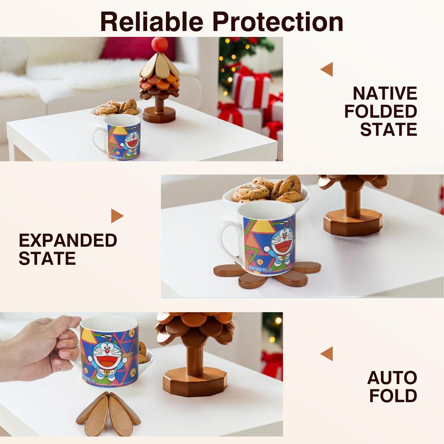 Wooden Trivets for Hot Dishes Tree Trivet Set with Apple Topper, 5-Layer Wooden Hot Pad for Table Protection, Foldable Heat Resistant Mat, Festive Coaster & Holiday Kitchen Decor