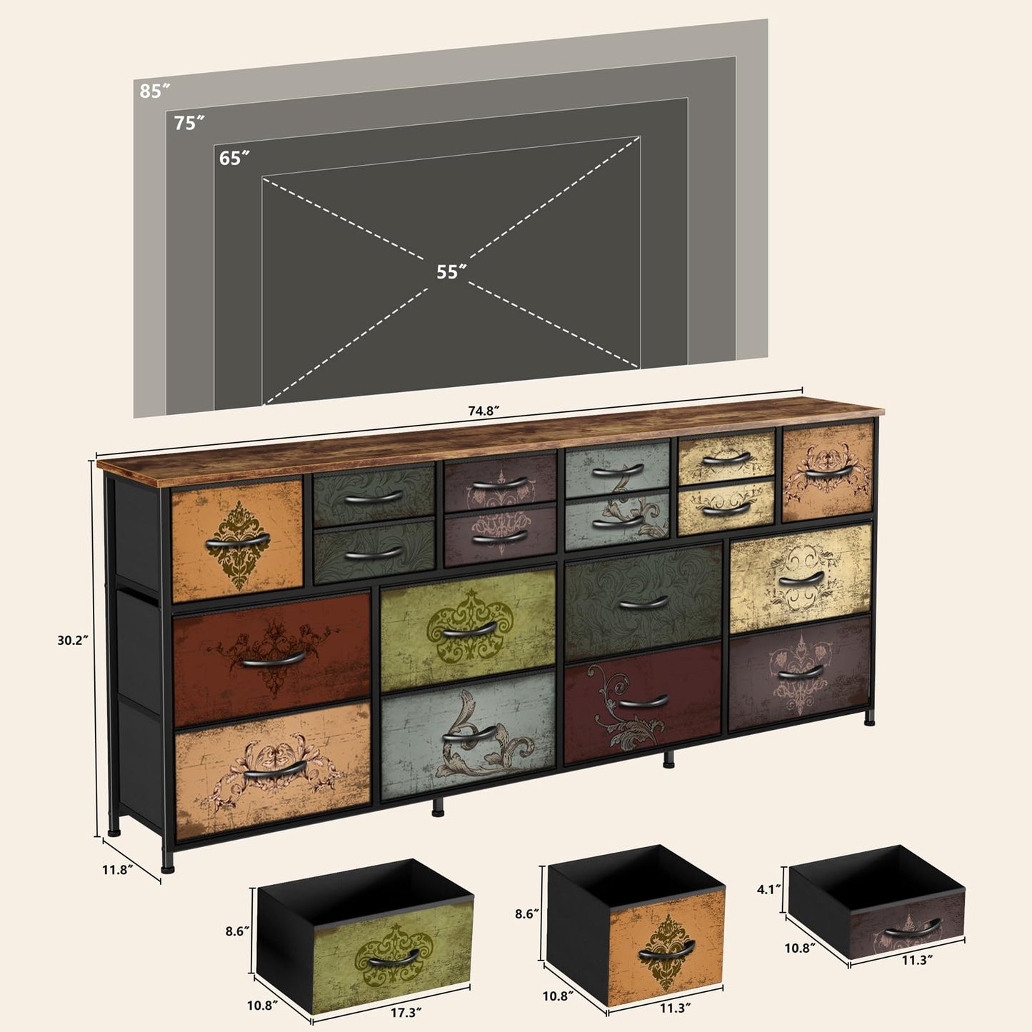 VASICAR 74.8" W Dresser for Bedroom, Wide TV Stand for 65, 75, 80 inch TV, Long Fabric Dresser with 18 Deep Drawers, Large Storage Organizer Cabinet, Wood-top Chest of Drawers (Pattern)