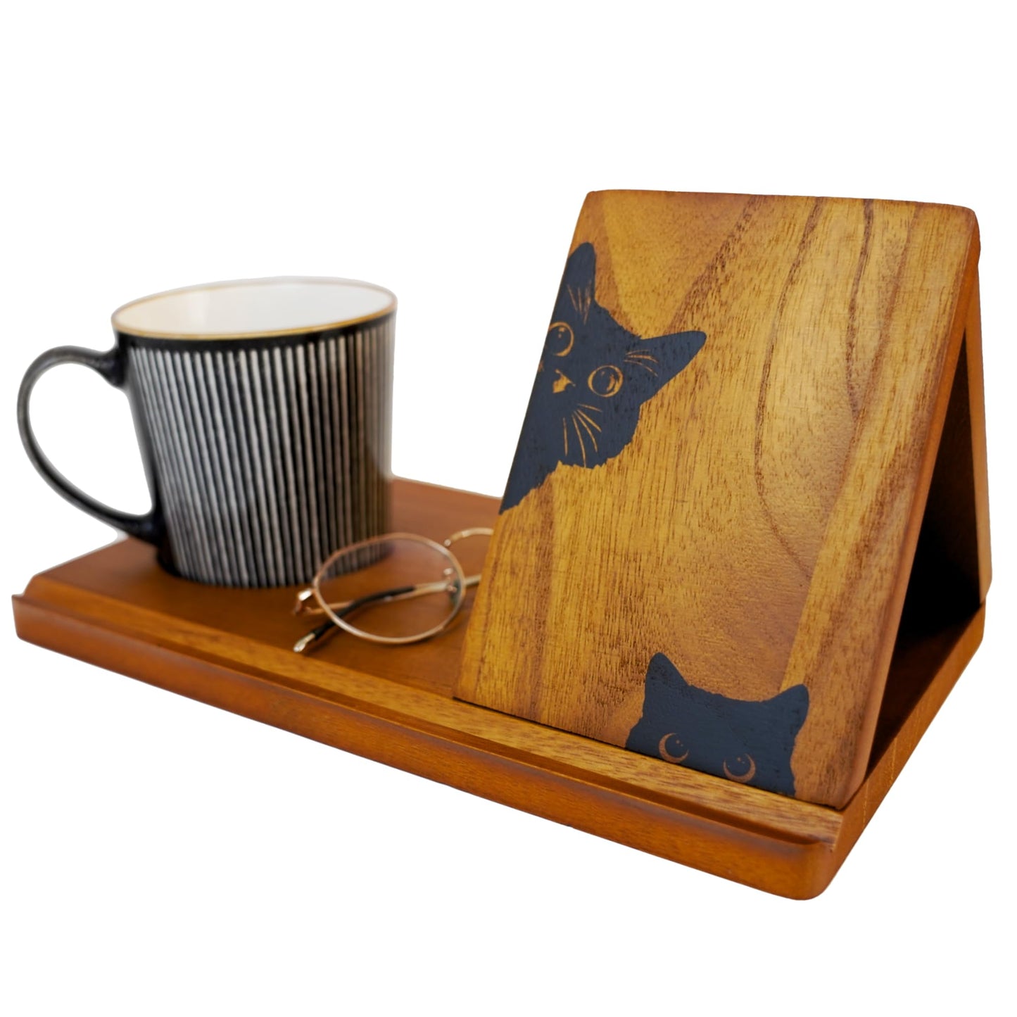 Adeerus Wooden Book Stand, Triangle Book Holder, Small Bookshelf, Black Cat Book Rest with Cup Holder, for Reading or Desktop Decoration, Coffee and Book Lovers Father's Day Gifts for Dad & Husband