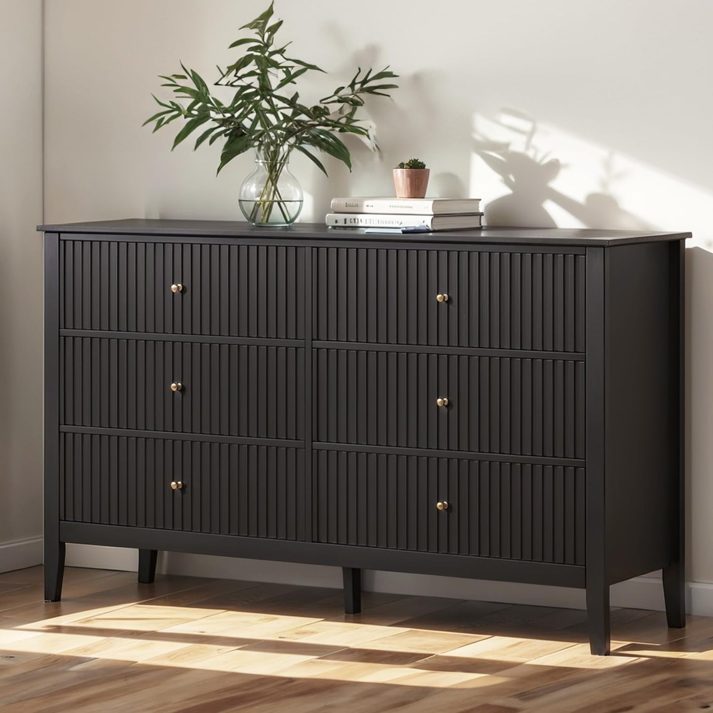 May in Color Black Fluted 6 Drawer Cabinet, Modern TV Console Table, Wood Entryway Table for Storage, Wooden Sideboard Cabinet for Bedroom, Hallway, Living Room