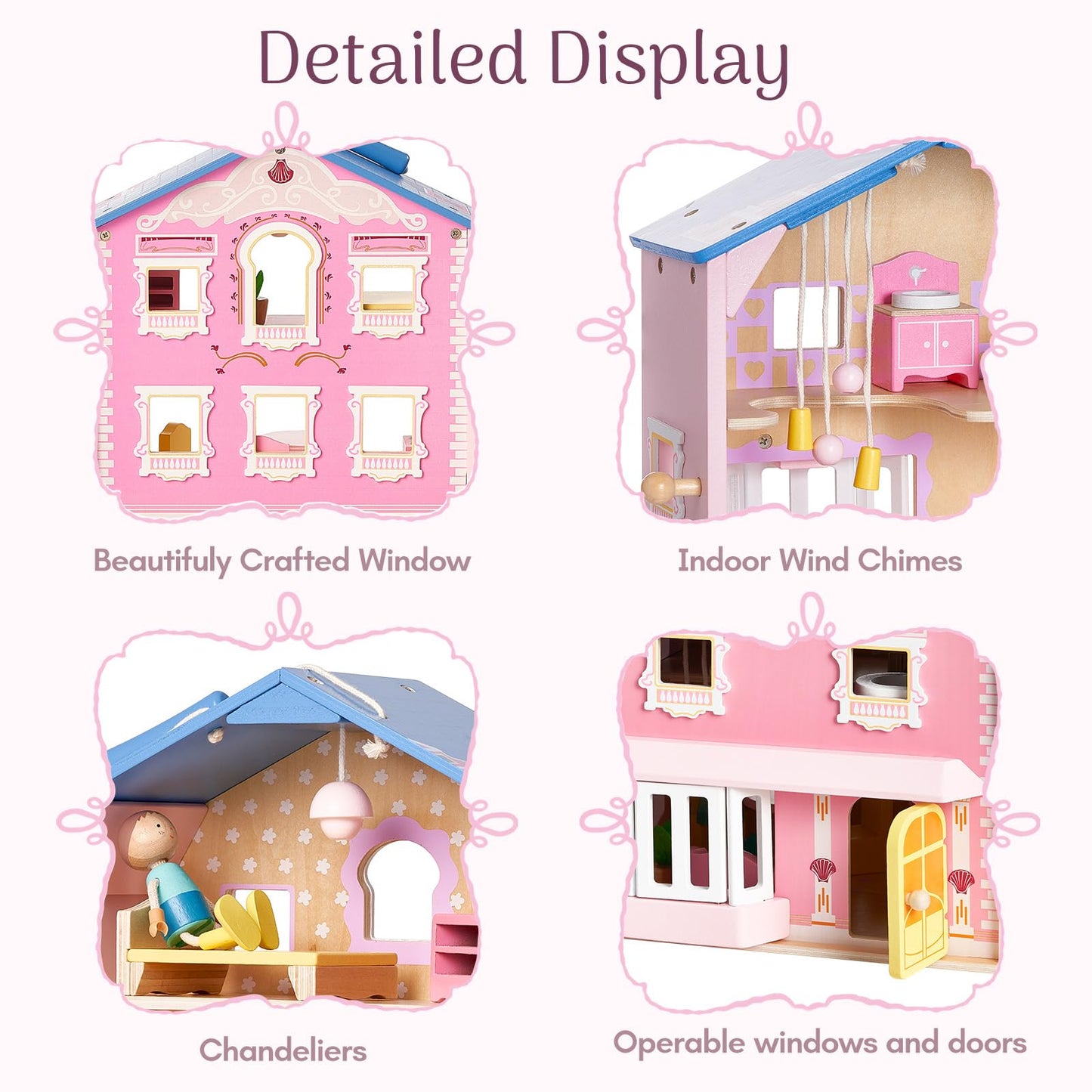 Giant bean Exquisite Pink Wooden Dollhouse for Girls with 2 Dolls and 12pcs Wooden Furniture,Foldable and Portable Pretend Play House Set with Handle, Christmas Birthday Gift for Girls Kids Age 3+