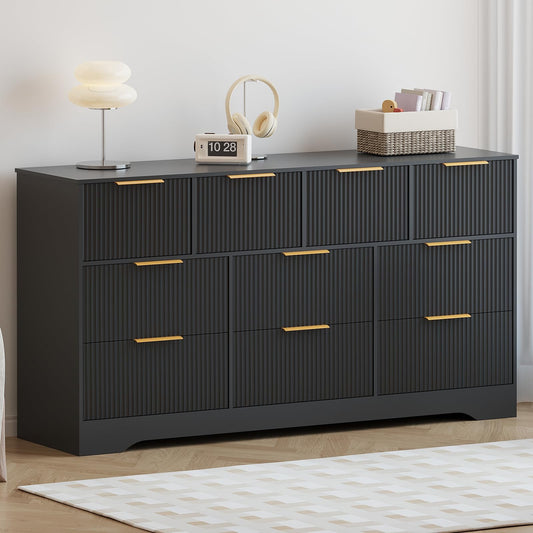 Patikuin 59" Fluted 10 Drawer TV Stand, Wooden Dresser TV Stand with Organizer Storage for Living Room, Bedroom, Office, Black