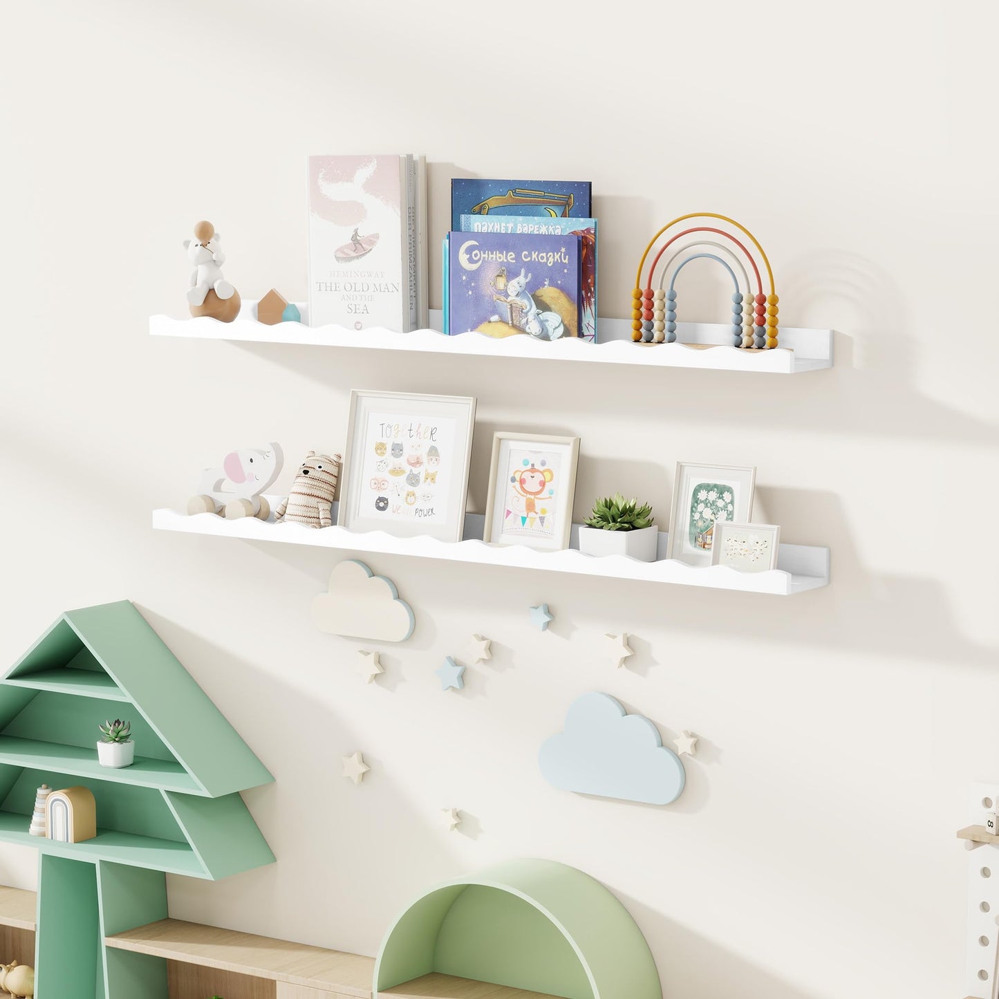 Fun Memories Picture Ledge Shelf for Wall, 48 inch Pine Wood Nursery Book Shelves Set of 2- Wall Book Shelves for Kids Room, Home Decor - Kitchen Spice-White