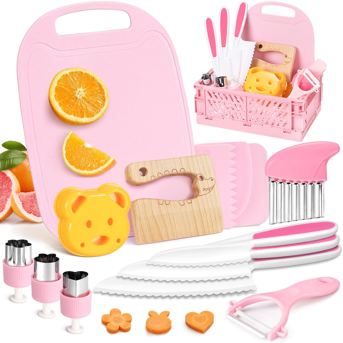 28PCS Toddler Knife Set - Kids Knifes for Real Cooking, Wooden Kids Kitchen Knife Set with Gloves Cutting Board Crinkle Cutters Kid Safe Knives, Toddlers Kitchen Tools (Crocodile 16PCS Set)