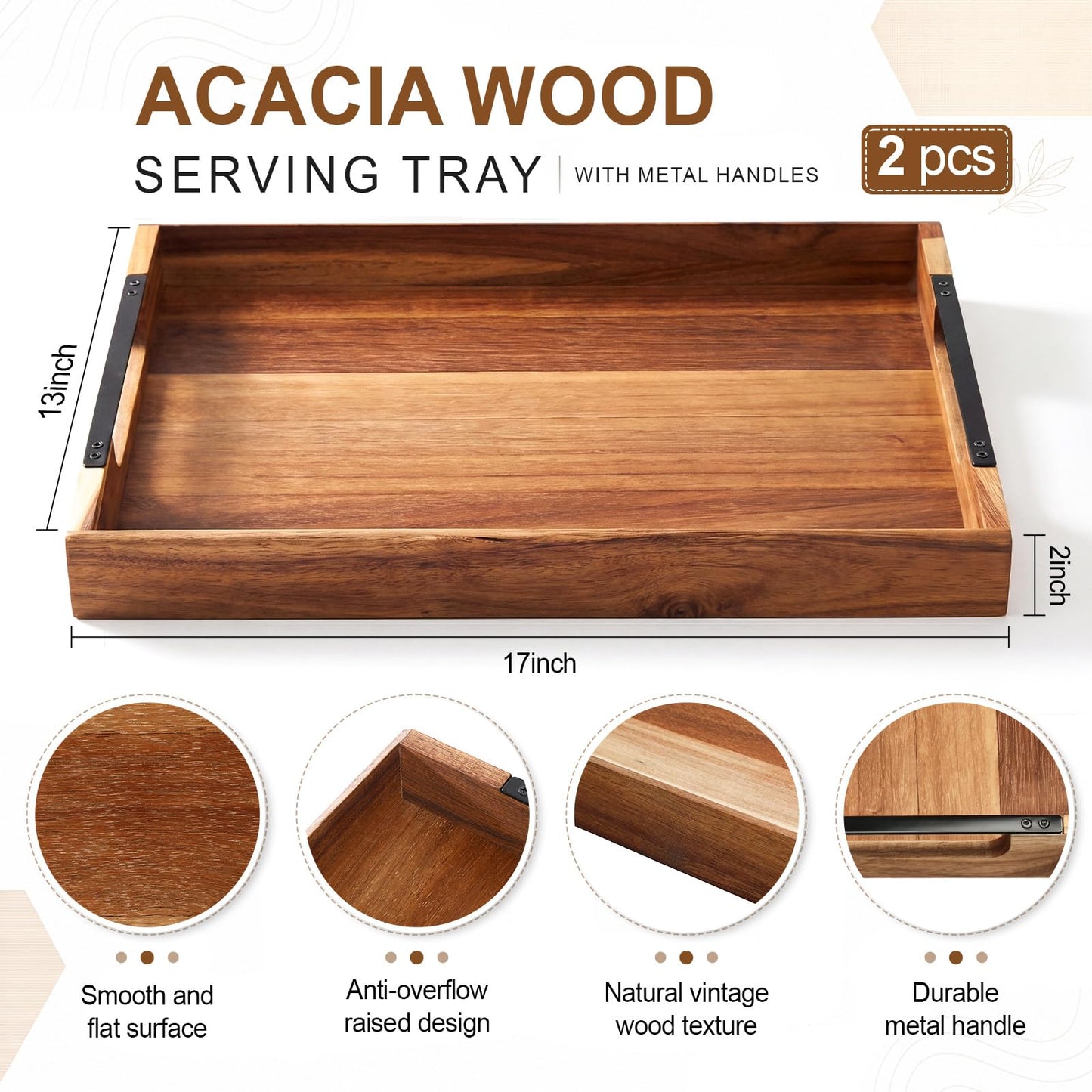 Sliner 2 Pcs Acacia Wood Serving Tray with Metal Handles, 17x13 Inch Large Ottoman Trays for Coffee Table, Breakfast in Bed, Dinner, Bar Serving, Farmhouse Decorative Storage Tray for Ottoman, Kitchen