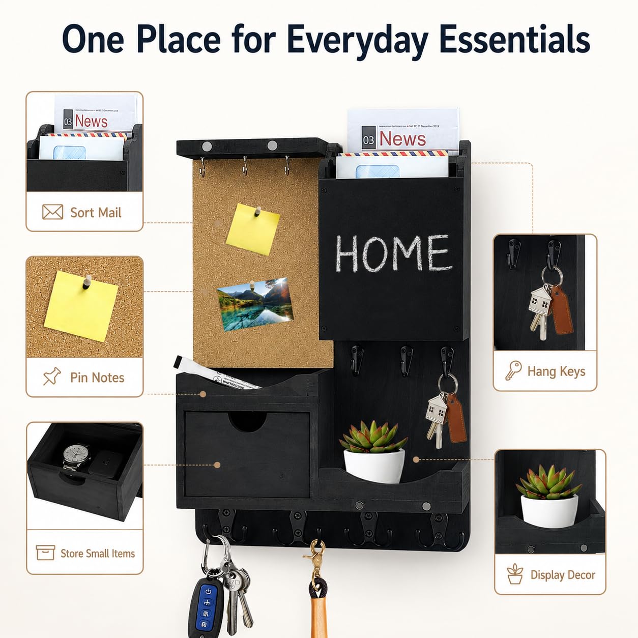 HEKOOLA Key Holder Wall Mount, Mail Organizer Key Holder for Wall with Shelf, Drawer, Chalkboard, Corkboard, Home Decor Mounted for Room Entryway (Black)