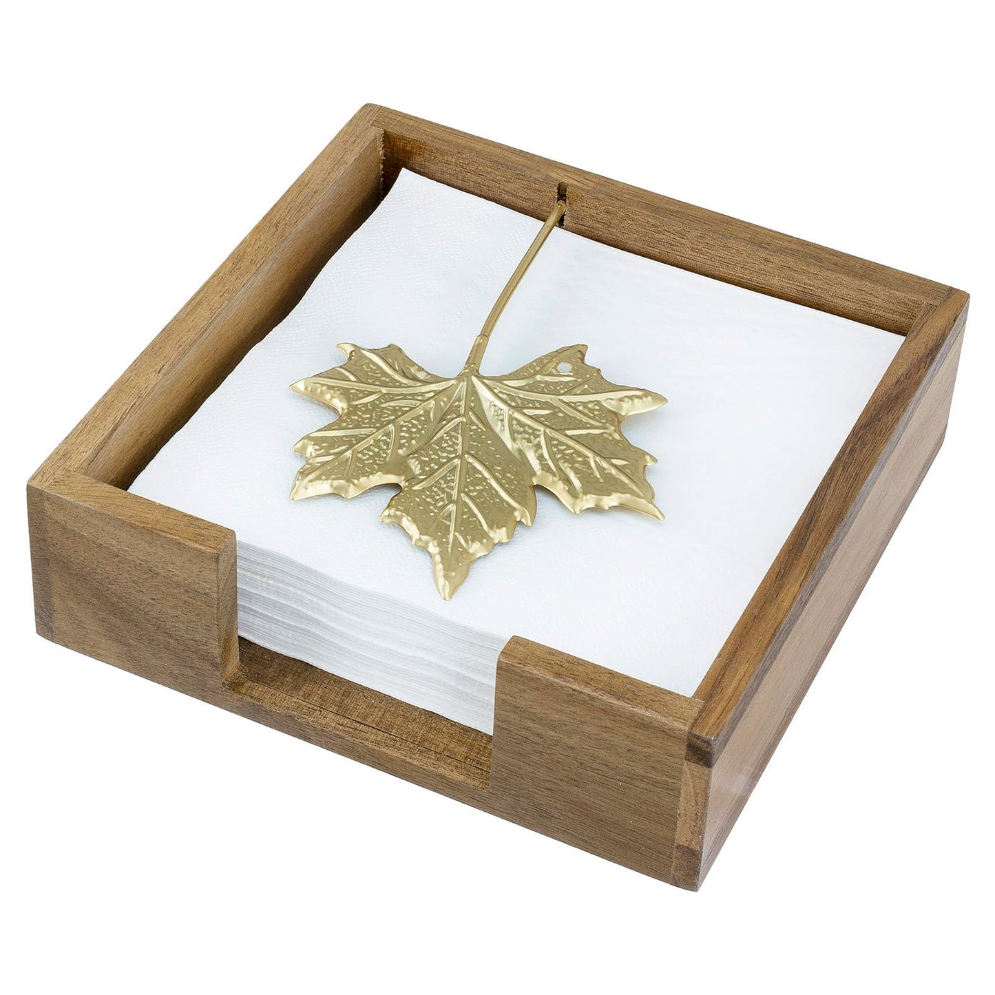 MyGift Premium Acacia Wood Tabletop Napkin Holder – Rustic Square Napkin Dispenser with Decorative Maple Leaf Weighted Arm for Kitchen or Dining Table