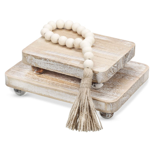 Capoda 3 Pcs Wood Risers for Decor Mini Wooden Pedestal Stands with Wood Bead Garland Farmhouse Vintage Rustic Decor Risers Stackable Kitchen Stand Tray for Home Bathroom Coffee Bar Table