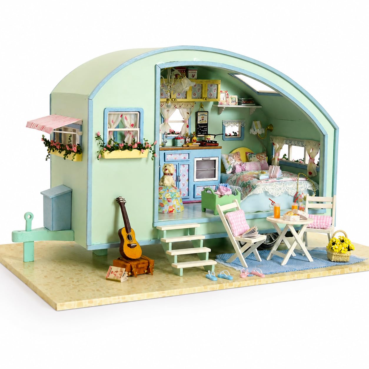 CUTEROOM DIY Miniature Wooden Caravan Dollhouse Kit with Furniture - Creative Mini Doll House Craft for Adults, Teens - Perfect Christmas Birthday Gift