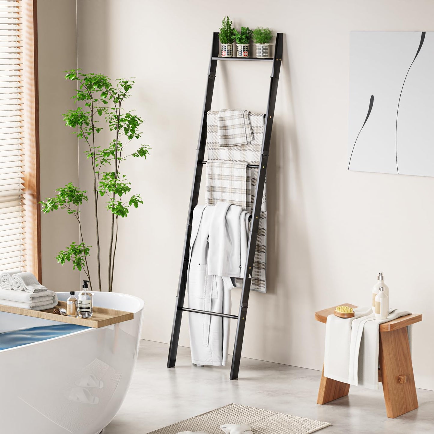 BAMBANG 6-Tier Blanket Ladder for Living Room, Blanket Quilt Ladder Rack Rustic Decorative Towel Holder, Wall Leaning Blanket Ladder Shelf Storage Farmhouse Decor for Bedroom Bathroom, Black