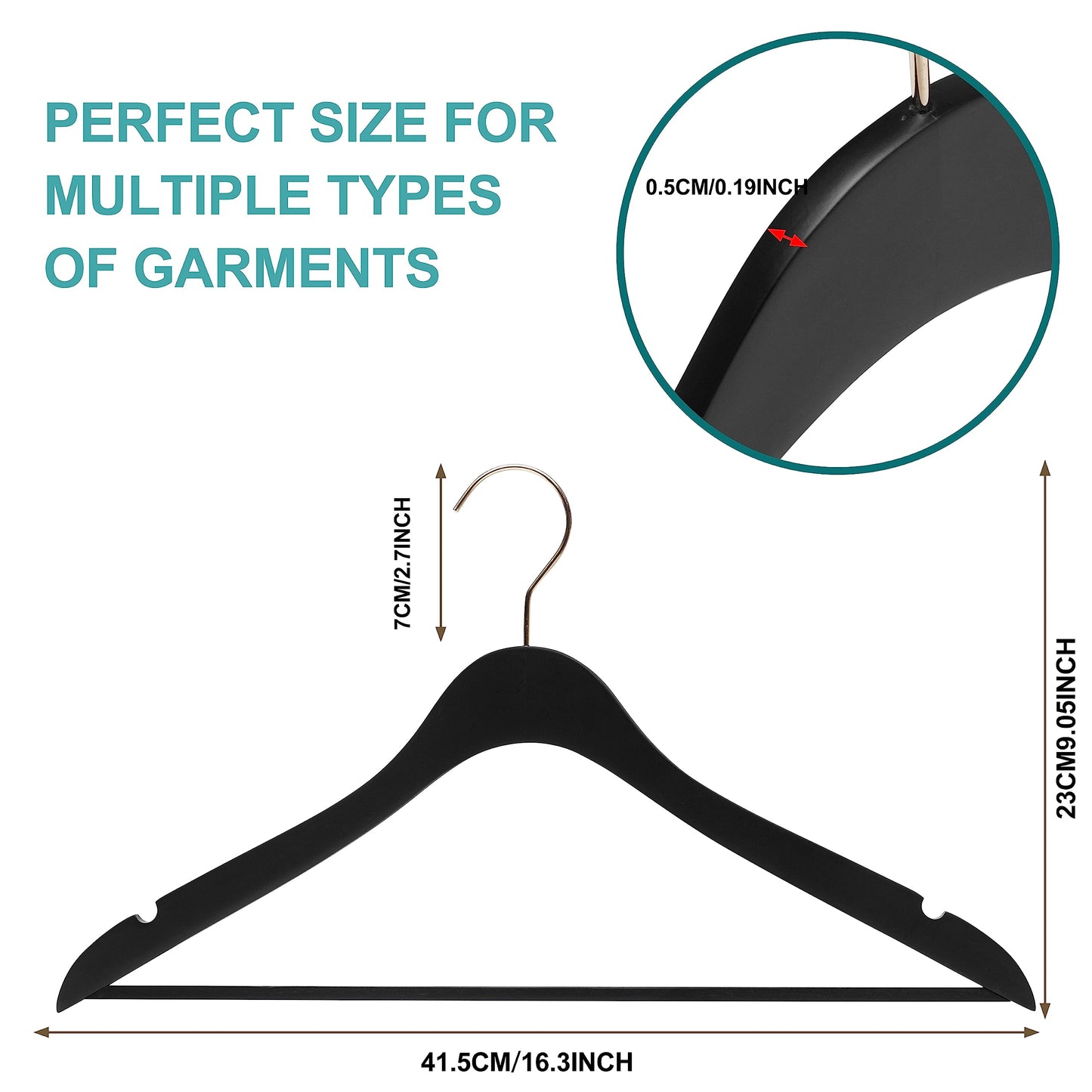 20 Luxury 16.5" Ultra Thin Space Saving Black Wooden Hangers, 360 Degree Swivel Hook, Best for Suit, Coat, Shirts, Blouses, Pant, Dress Hangers Black with Gold Hook