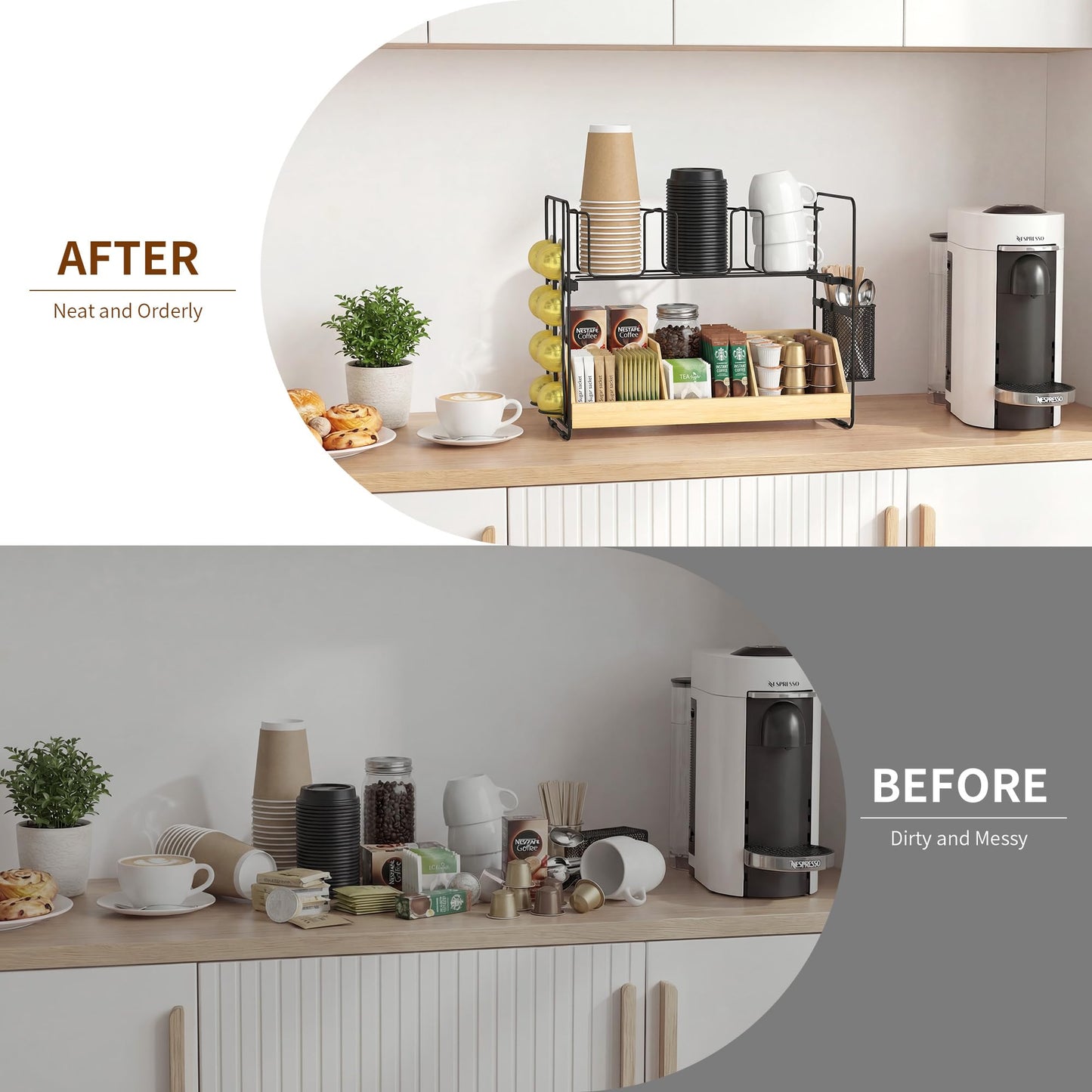 CACHOLIV Coffee Station Organizer for Countertop - Bamboo Bar Organizer Rack for Nespresso Pod & K Cup - Coffee Pods Holder Storage Basket - Cup and Condiment Station for Kitchen Office Home (Black)