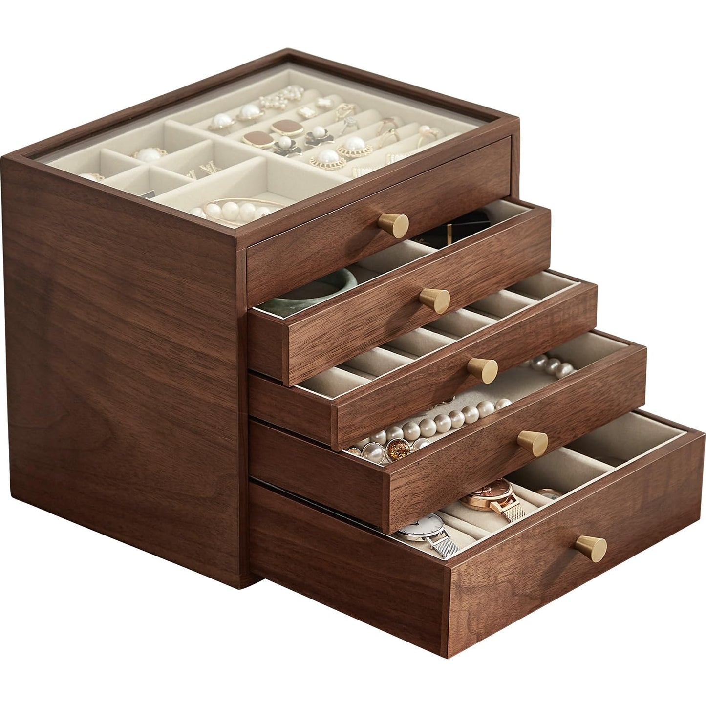 Homruilink Black Walnut Wooden Jewelry Box Women large 5 Layer Drawer Wood Organizer Box with Glass Lid for Necklaces, Watch, Necklace, Ring, Earring Storage - Fathers Day Gift