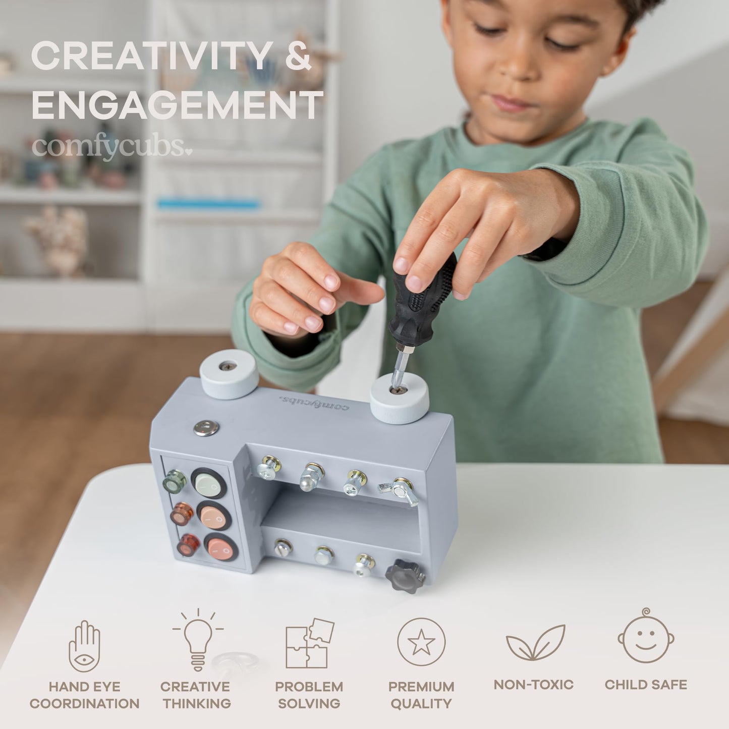 Comfy Cubs Busy Board Toy Truck Set - Fun & Noise-Free, Pine Wood Activity Board for Toddlers with LED Light Switch - Designed in the US, Focused & Engaging Montessori Play for Kids 3+ (Pacific Blue)