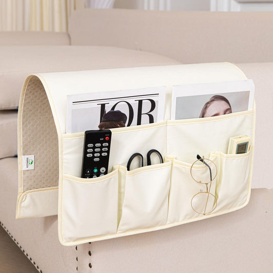 HAOMAIJIA Anti Slip Sofa Armrest Organizer Arm Chair Bedside Caddy Storage Organizer For Recliner Couch With 6 Pockets For Cell Phone Tv Remote Control (Ivory White, 31.89 inches × 18.5 inches)