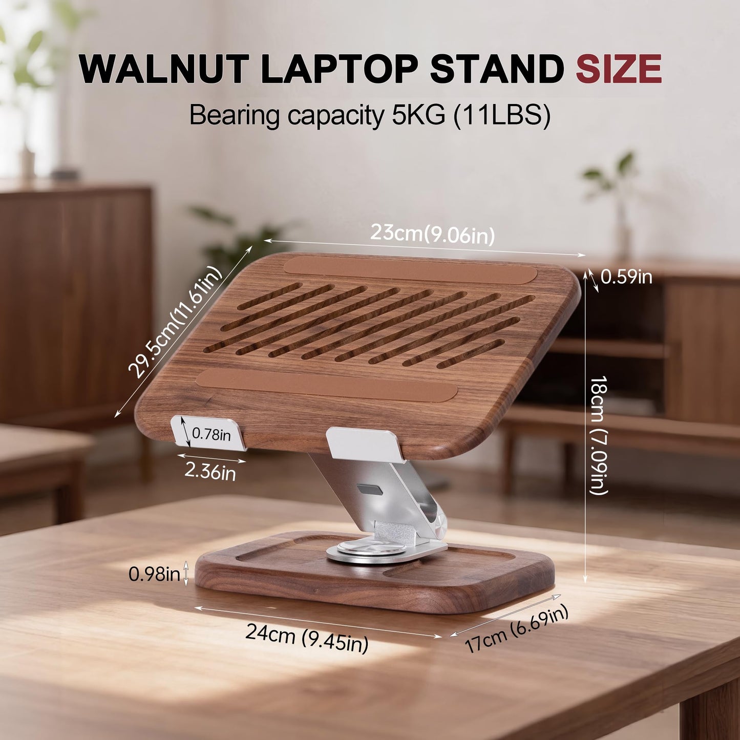 TlaroRiz Walnut-Wooden Laptop Stand for Desk, Adjustable Height & Angle with 360° Aluminum Alloy Swivel Base, Wood Laptop Stand Compatible with MacBook Pro, All Laptops 10-17", Brown