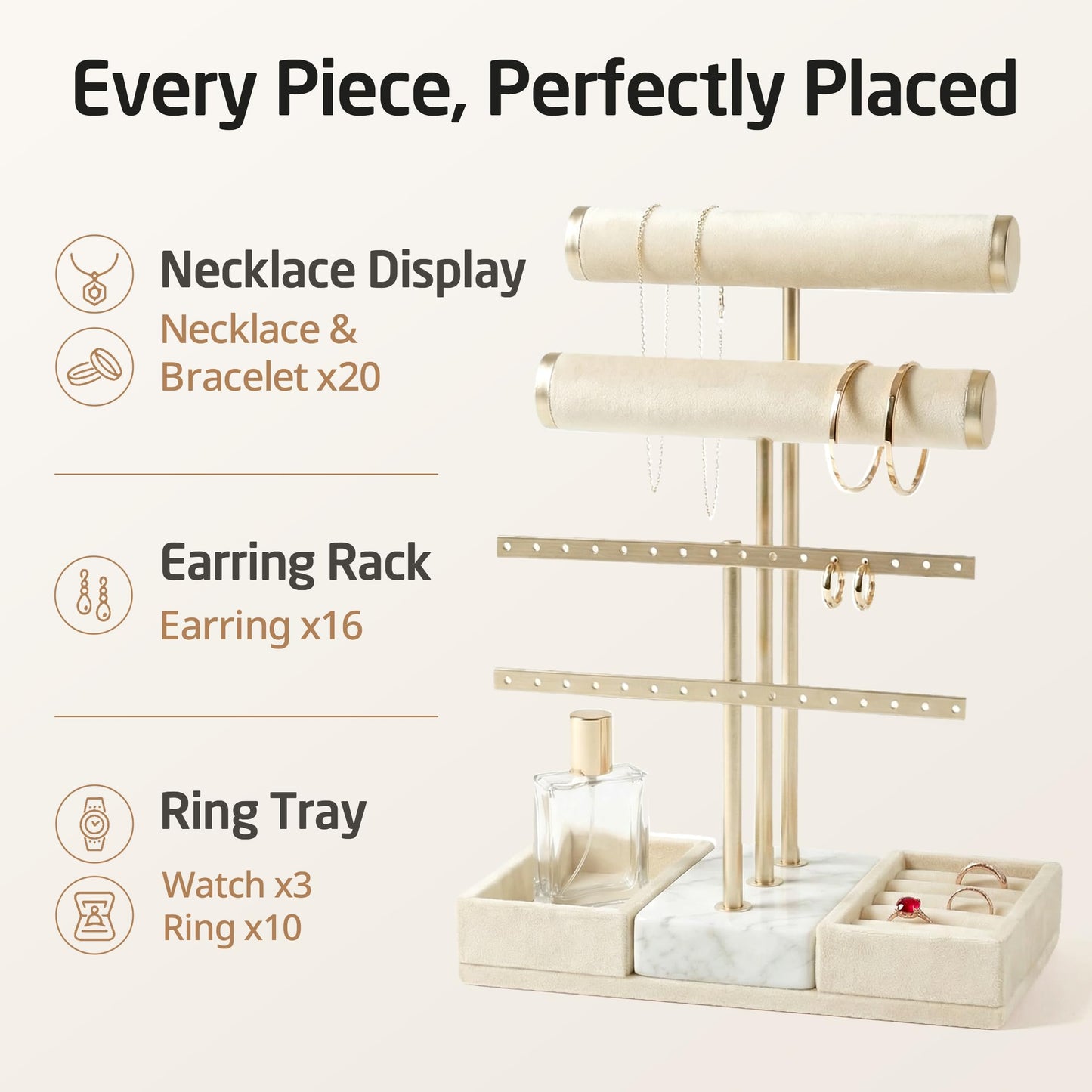 KES Natural Marble Bracelet Holder with 5X Weighted Base, Extra Sturdy 3 Tier Bracelet Holder Display for Necklaces, Earrings, Rings, Watches, T Bar Jewelry Holder Organizer, Beige, JTR500-WH