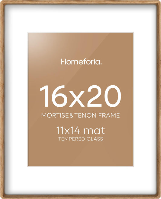 Homeforia Natural 16x20 Picture Frame Wood, Mortise & Tenon Light Oak 16 x 20 Frames with Mat 11 by 14 for Wall, 16by20 Wooden Poster Frame Matted to 11x14 inch Art, Tempered Glass, Wall Kit, Set of 1