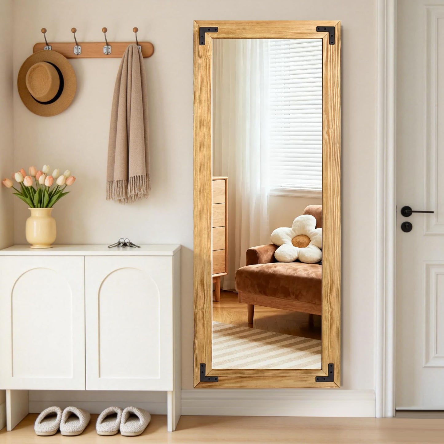 YNCLCS 55"x22" Full Length Mirror with Wooden Frame，Natural Wooden Standing Mirror, Solid Wood Frame, Hanging or Leaning Wall-Mounted, Suit for Farmhouse, Living Room, Bedroom (Light Brown)