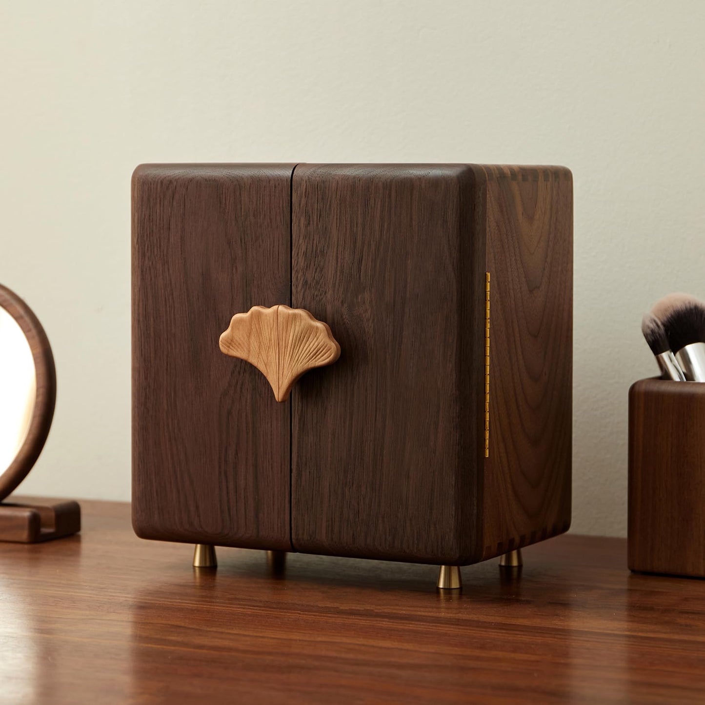 THFLSTR Solid Black Walnut Wood Jewelry Box for Women & Men, Large Velvet Lined Wooden Jewelry Organizer with 5 Drawers, Hand Carved Ginkgo Leaf Handles, Double Door Wardrobe Design