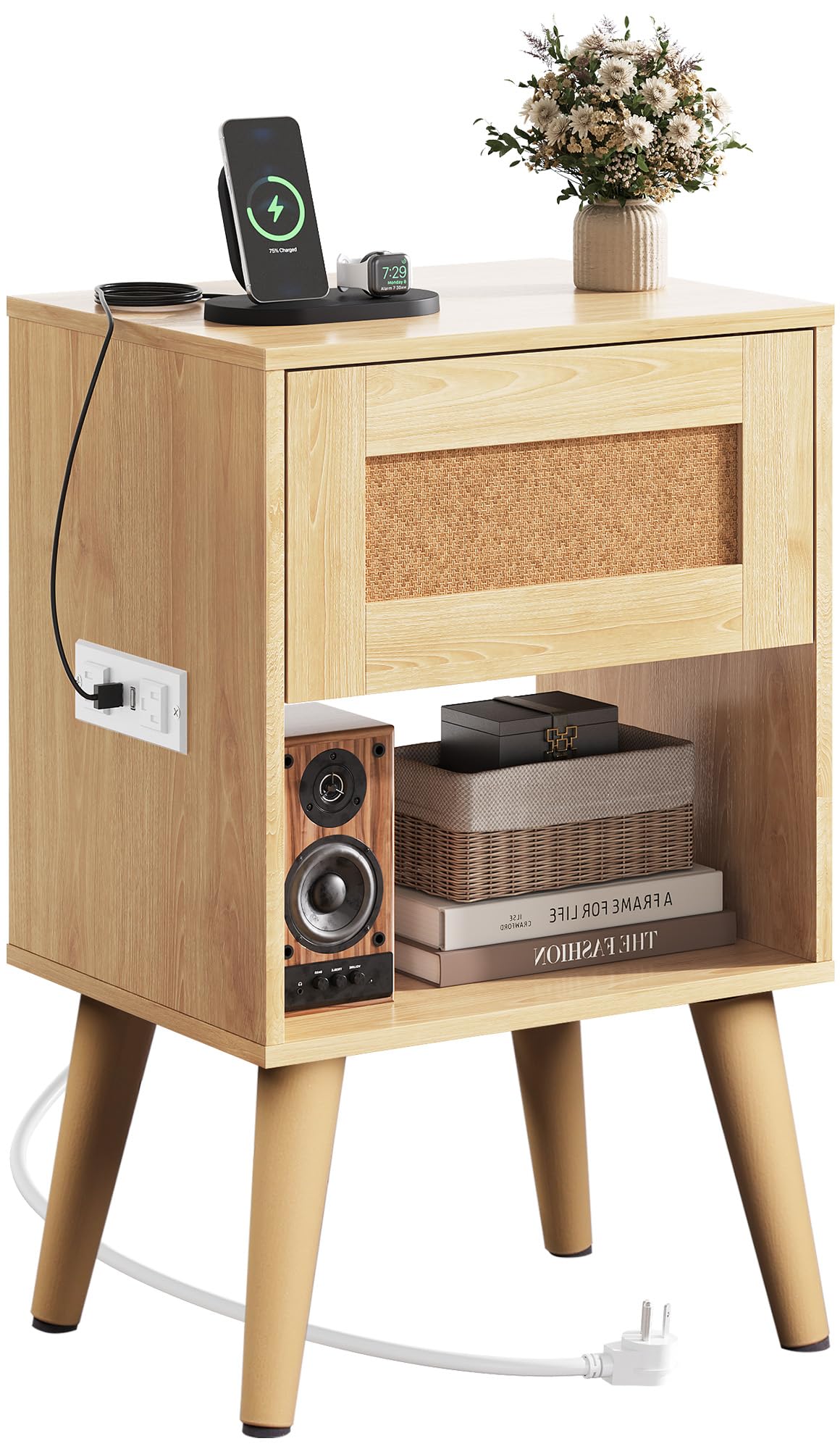 WLIVE Rattan Nightstand with Charging Station, Boho Night Stand, Small Bedroom Side Table, End Table with Drawer and Storage, Wood Bedside Tables for Bedroom, Small Spaces, Natural Oak
