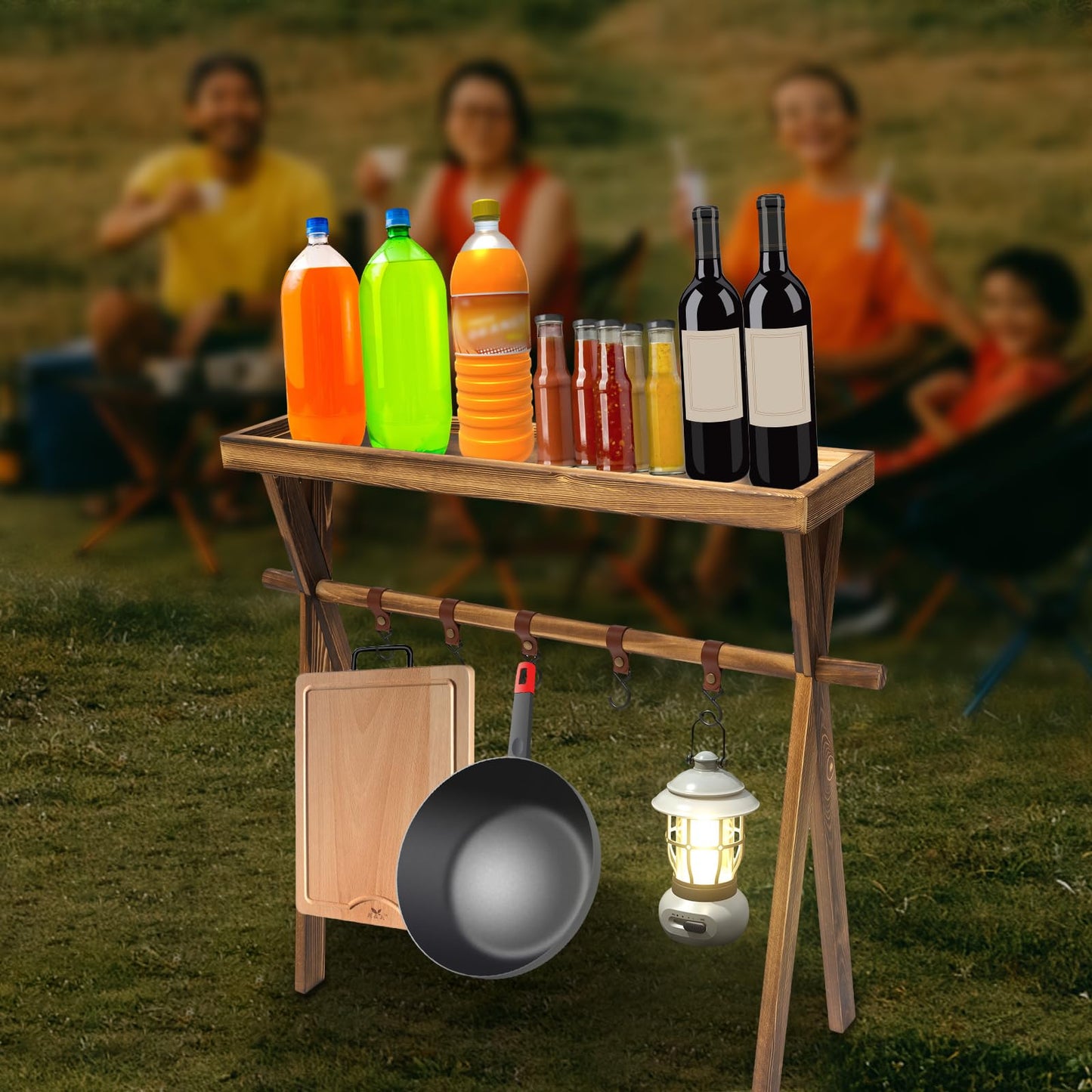 KONGKUNI Portable Wooden Picnic Rack, with hanging hook, Lightweight Wood Outdoor Shelf Foldable Travel Camping Table Rack for Storage,Outdoor Kitchen,RV Picnic,BBQ,Home Storage