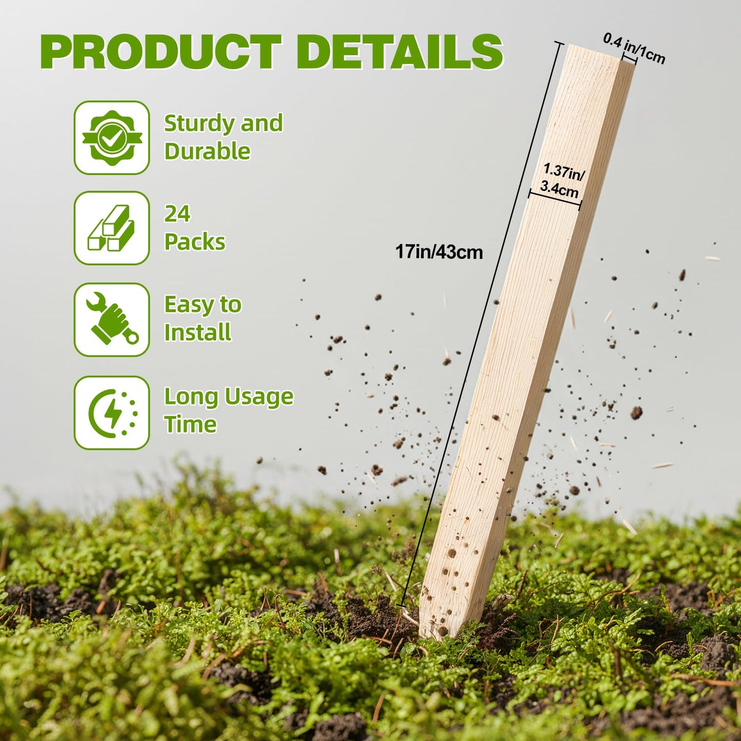 24Pcs Wooden Garden Stakes, 17in Pinewood Yard Stakes for Plant Support, Garden Fencing, Ground Marking, Signs, Grade, Baselines, Survey Stakes and Boundary