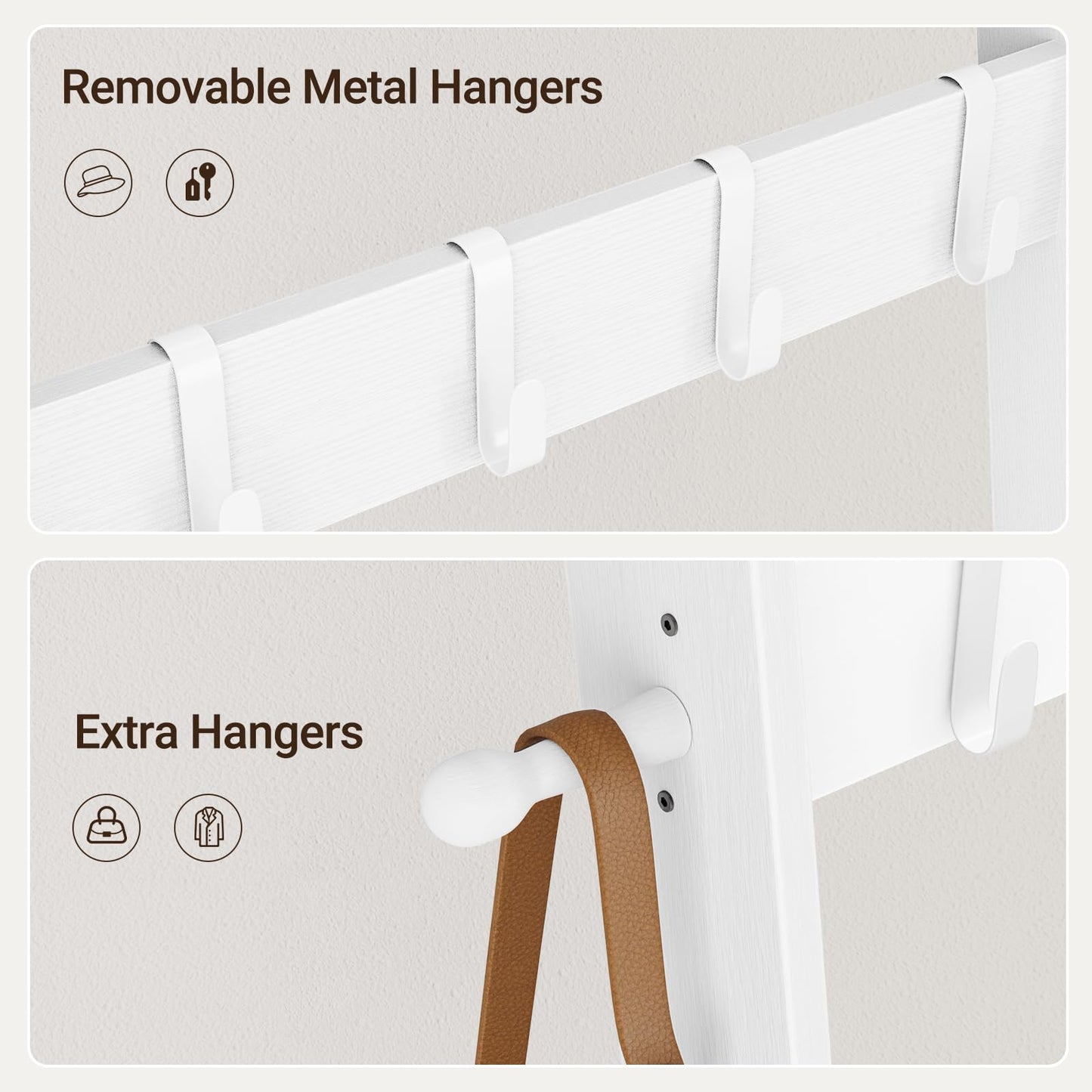ELYKEN Blanket Ladder for Living Room, 5-Tier Wooden Towel Rack with Synthetic Leather Pocket, 4 Removable Hooks, Decorative Leaning Ladder Shelf for Bedroom, White