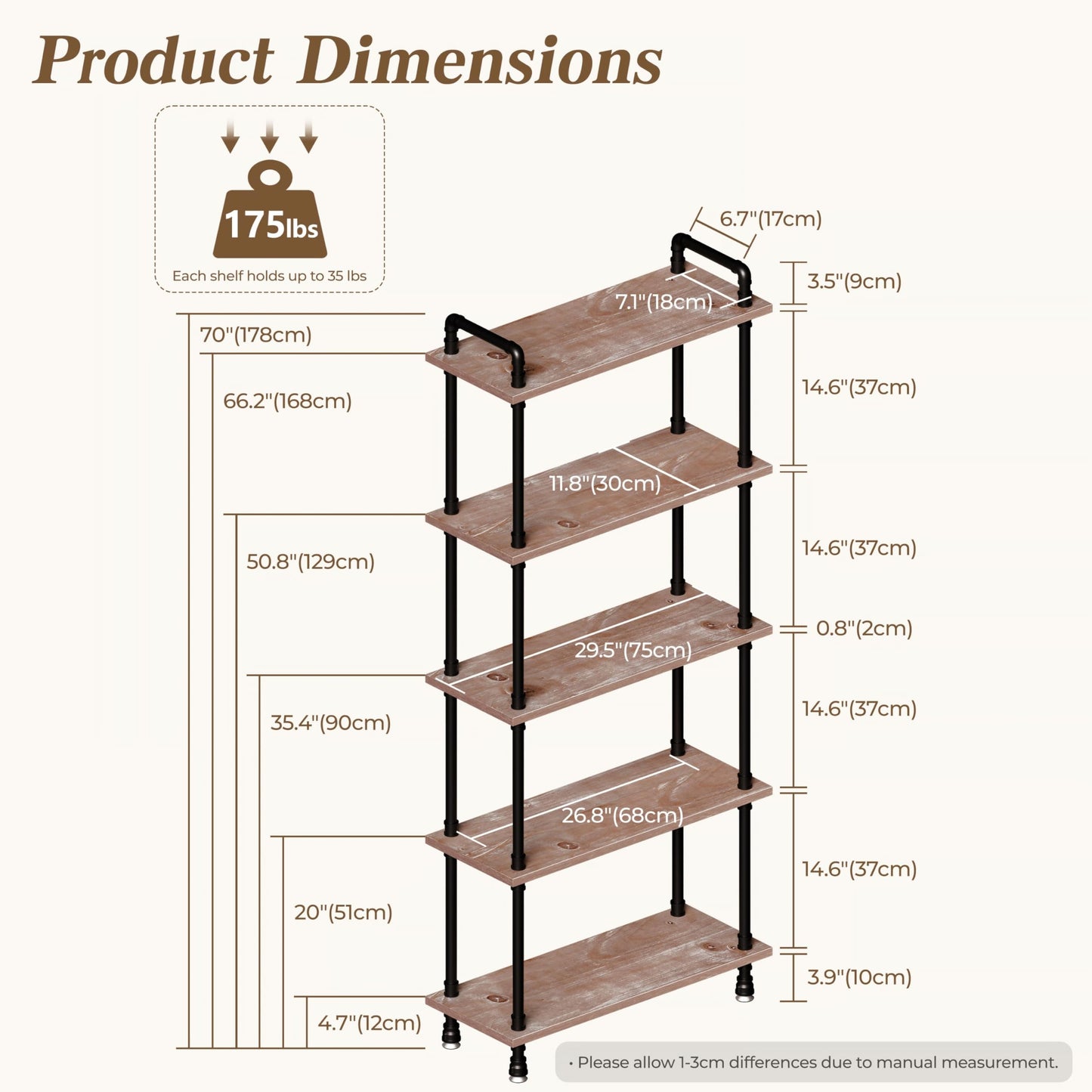 Anynice Industrial Bookshelf, Rustic Open Bookcase, 5 Tier Wood and Metal Bookshelf, Solid Pine Wood and Iron Pipe Tall Narrow Storage Shelf for Living Room Bedroom Office Kitchen