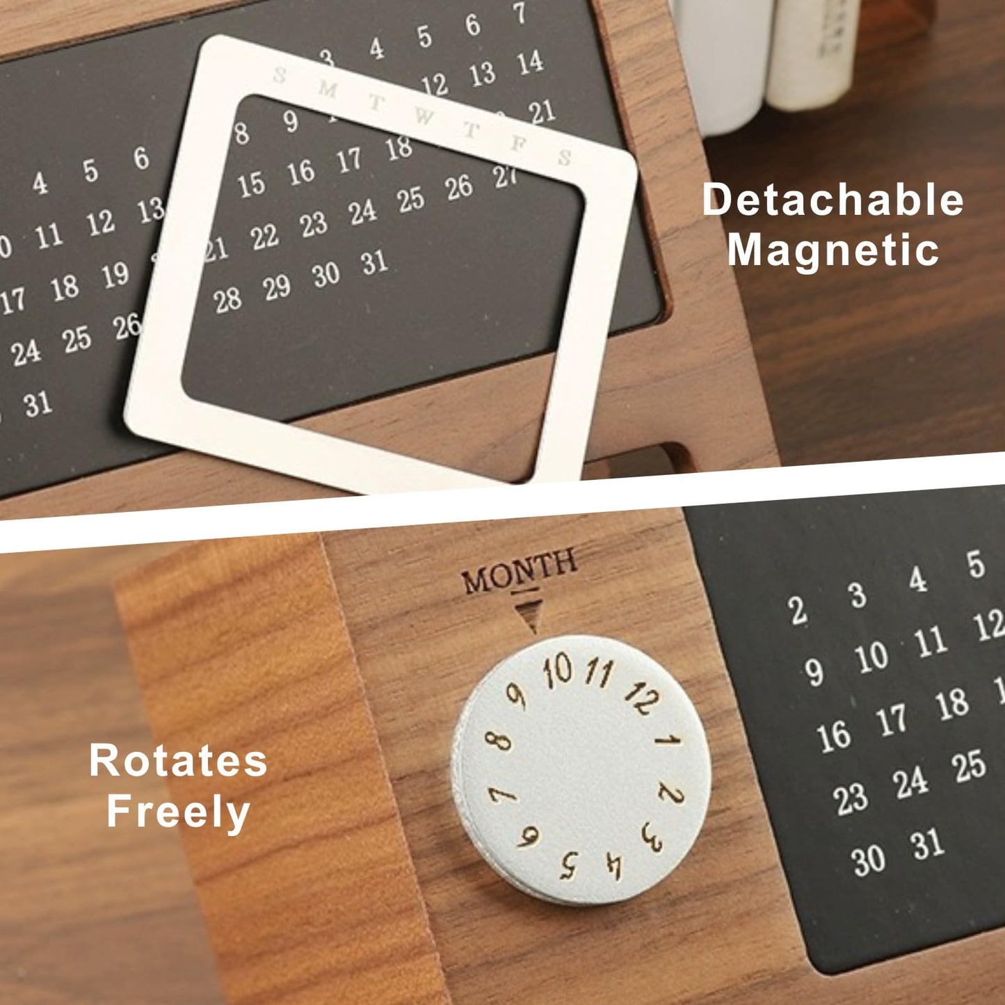 HELAIMAY Wooden Calendar Pencil Pen Holder, Desk Organizer with 2 Slots, Multifunctional Stationery Holder for School Home Office Supplies, Walnut Color, 1 Piece