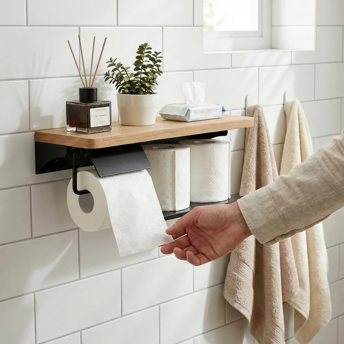 guowanpp Toilet Paper Holder with Shelf - 2 Tier Wood Toilet Paper Holder Wall Mount for Bathroom, Rustic Natural Wood Double Toilet Paper Holder, Smart Bathroom Organizer with Shelf
