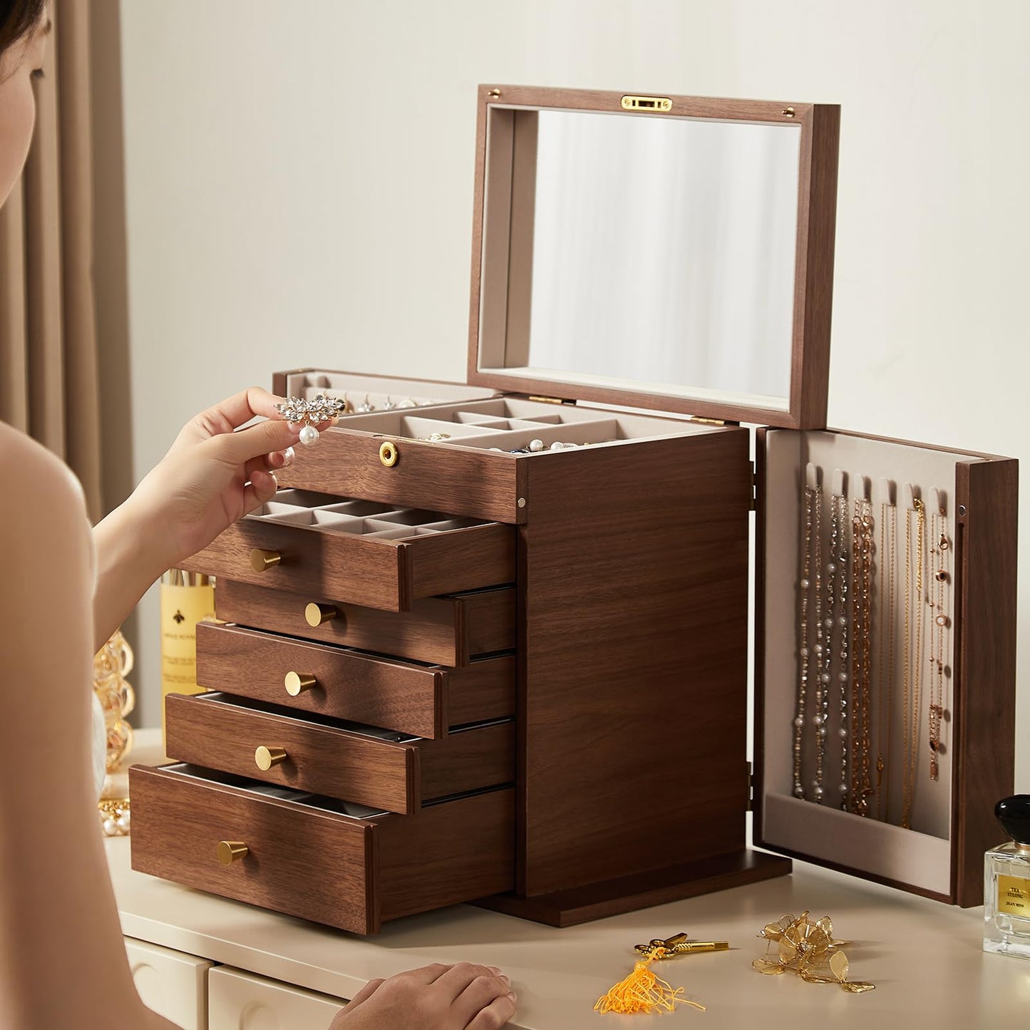 CHOSIN Black Walnut Wooden Jewelry Box, 6-Layer Lockable Wood Jewelry Organizer with Mirror, Side Doors & Brass Handle, Classical Design for Rings, Necklaces, Earrings, Fathers Day Gift