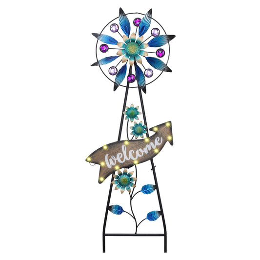 TERESA'S COLLECTIONS Garden Decor Solar Stake, Wind Spinner for Outdoor Decorations, Metal Windmill Blue Floral Yard Art Sign Decorative Garden Stake for Lawn Ornaments, Gifts for Mom, 26''