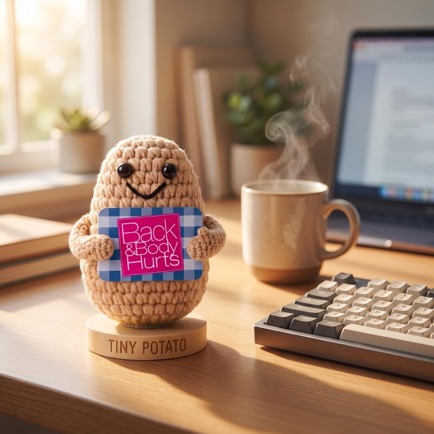 Back and Body Hurts Positive Crochet Potato - Funny Gag Gifts for Women Men Coworkers - Handmade Desk Buddy & Office Gift - Funny Birthday, Get Well and Goodbye Gifts for Coworkers, Best Friends