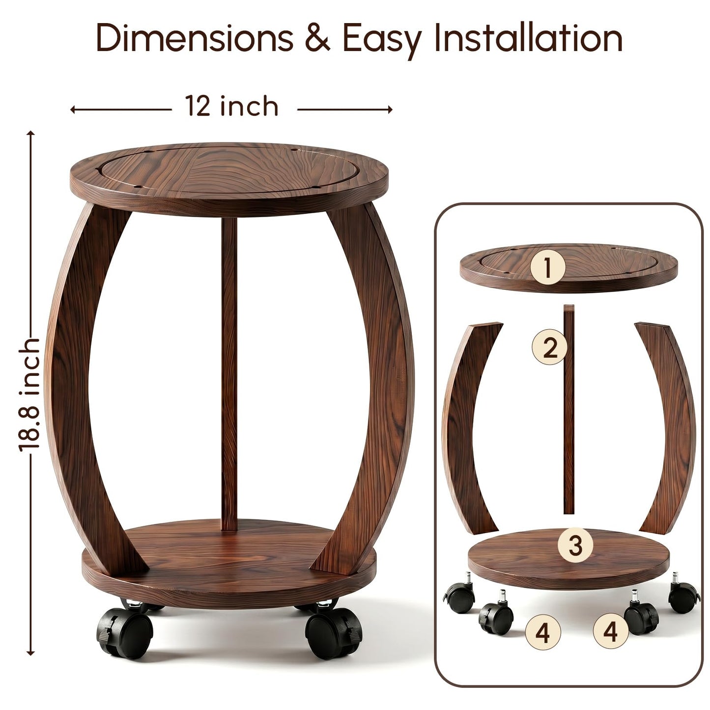 WooOrganix 2 Tier Wooden Plant Stand Indoor with Wheels – Tall Plant Stand for 6-12 Inch Pots, Mid-Century Modern Rustic Plant Table Indoor, Pedestal Stand for Corner, Living Room, Balcony, Dark Brown