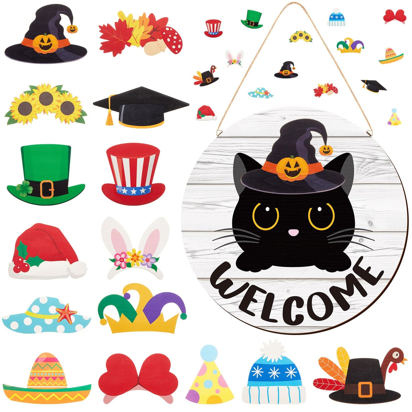 BrightRow 16 Pcs Interchangeable Welcome Sign Set for Front Door, Wooden Black Cat Welcome Sign with 15 Headwear, Farmhouse Decor for Porch, Halloween, Christmas, Housewarming Gift, Cat Lovers