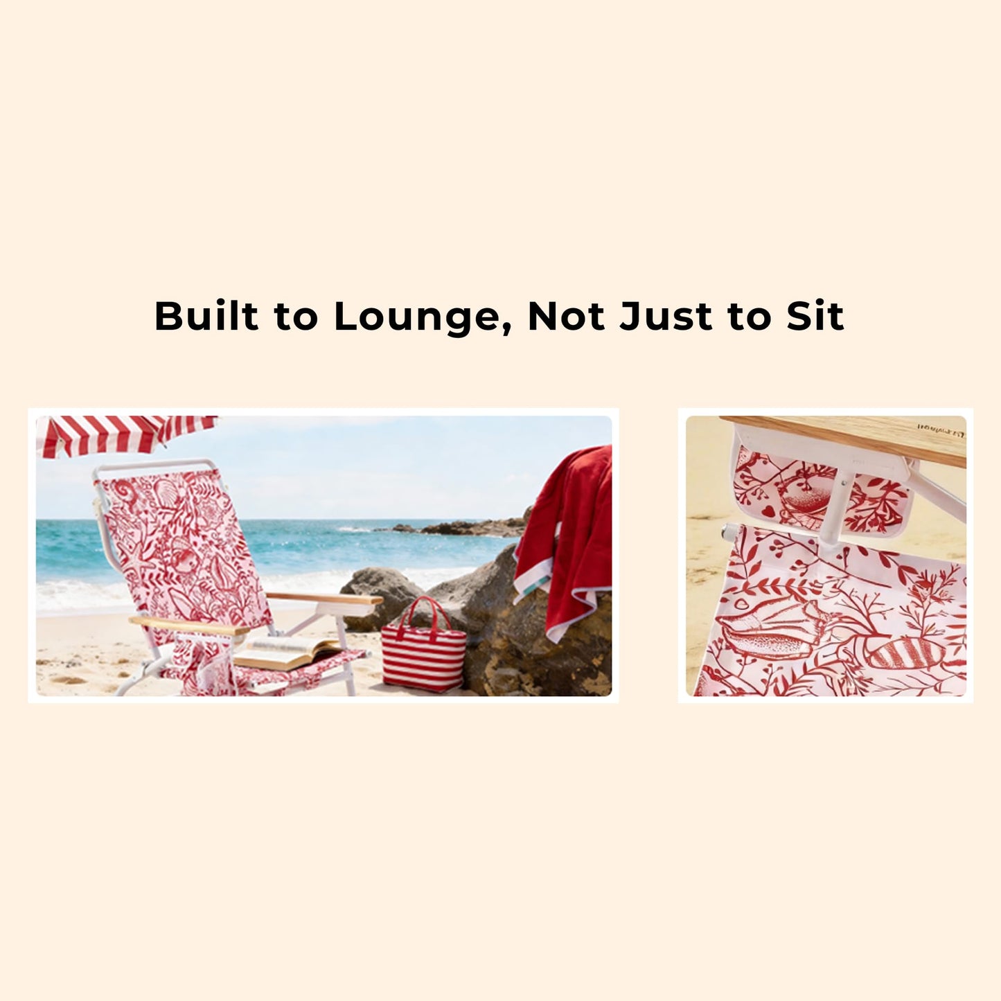 DEER LAND 5-Position Low Beach Chair, Portable Lightweight Folding Beach Chair with Wooden Armrests, Storage Pouch & Carry Strap, Coastal Beach Print – Reef Crimson