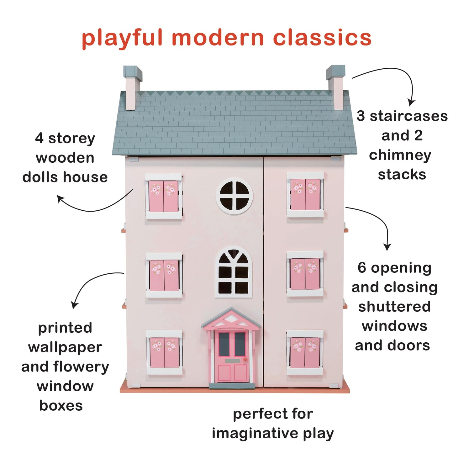 Mentari Toys - Heather Hall - Large 4-Storey Wooden Dollhouse - DIY Doll House with Easy Assembly, Holiday Birthday Gift for Kids Girls Age 3+, Inspires Imaginative Role Play